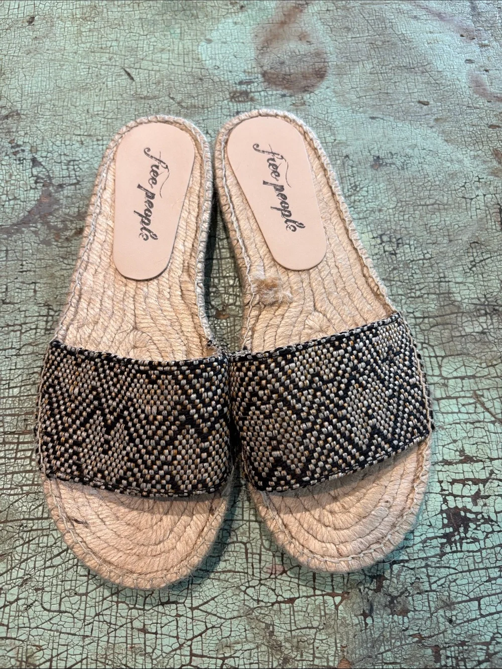 Free People Woven Espadrille Slide Sandals Black Natural Size 37 Made in Spain